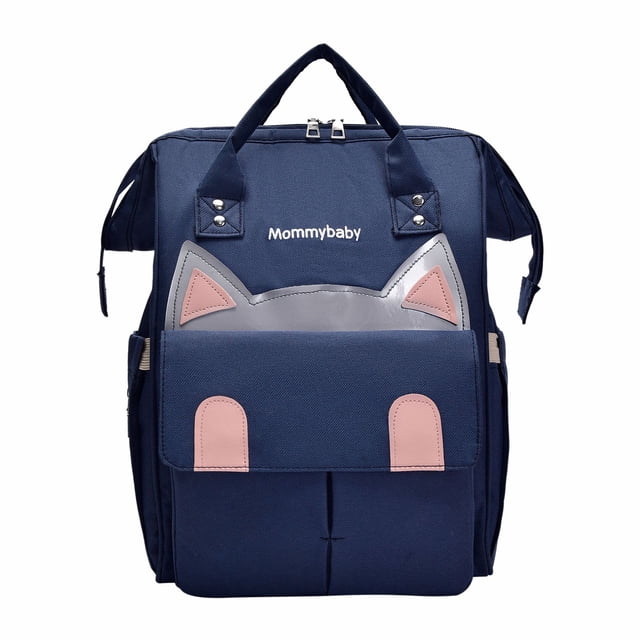mochila pañalera multifuncional de gran capacidad con bolsillos aislados para biberones, bolsillo trasero antirrobo, nylon duradero, diseño de doble hombro para viajes y uso al aire libre, 40x25x16cm mochila azul frontal con asa superior y correas dobles; cuerpo rectangular con cierre doble, solapa frontal con detalles rosados y panel con «orejas», bolsillos laterales y compartimento frontal aislado para biberones, bolsillo trasero antirrobo; adecuada también como bolsa organizadora para artículos de mamá y bebé.
