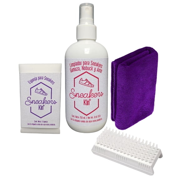 SNEAKERS KLEAN  Limpiador para Gamuza, Ante y Nobuck con cepillo suave, Esponja y Microfibra (250 ml)