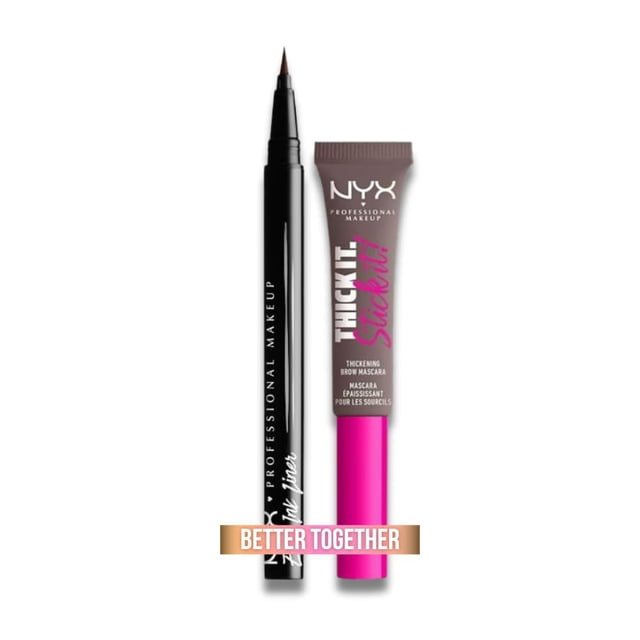 kit nyx professional makeup thick it stick it, gel de cejas con color + epic ink, delineador líquido negro 1ml — frontal con dos piezas: delineador Epic Ink Liner negro de punta fina tipo pincel y cuerpo negro, y Thick It Stick It máscara de cejas en tubo marrón con tapa fucsia; delineado resistente al agua y máscara con microfibras para volumen y fijación. Suele usarse para retoques rápidos en viaje.