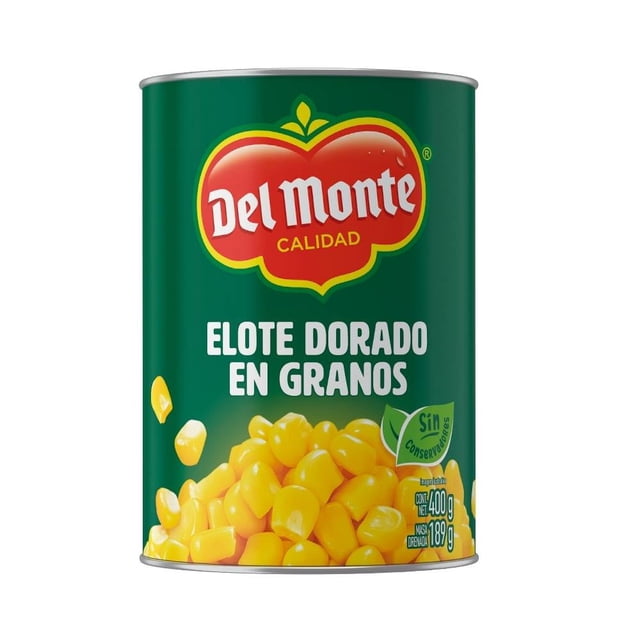 granos de elote del monte dorados 400 g Lata frontal verde con logo Del Monte; texto “Elote Dorado en Granos”, ilustración de granos de elote amarillos en primer plano, peso neto 400 g y sello “sin conservadores” visibles; apta para cocinar o añadir a recetas.