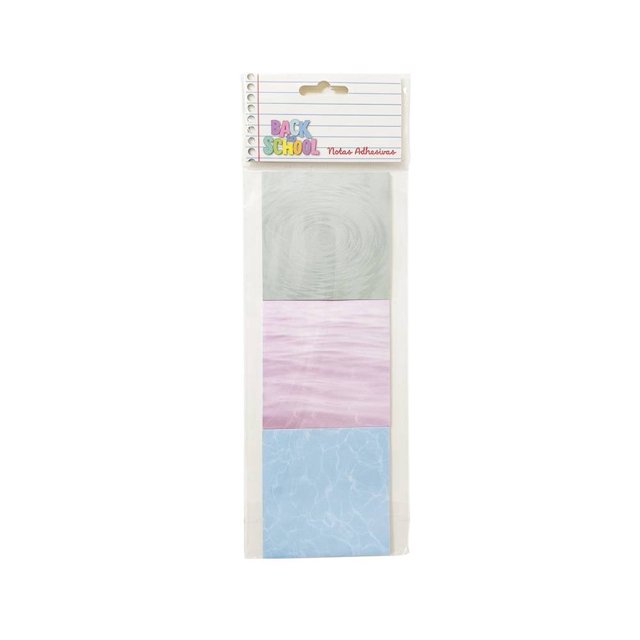 notas adhesivas prichos varios modelos 1 pieza Paquete con tres blocs adhesivos cuadrados en vertical: verde menta con patrón de remolinos, rosa pastel con textura difusa y azul claro con patrón de ondas; empaque con tarjeta estilo cuaderno y marca PRICHOS, prácticas para regreso a clases y manualidades.
