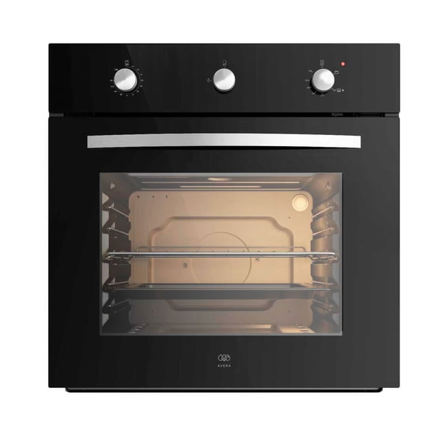 horno empotrable mixto gas natural y eléctrico 127v de 58l, temporizador 120min, temp 130°-250°c | avera hem01nat horno empotrable negro Avera, vista frontal centrada con puerta de vidrio templado y asa de acero; interior iluminado con parrilla y rieles para bandejas y ventilador trasero visible; panel superior con tres perillas para función, temperatura y temporizador. Capacidad 58 L y grill eléctrico superior 1600 W para dorar; apto para instalación empotrada de 60 cm, a menudo usado también para gratinar.