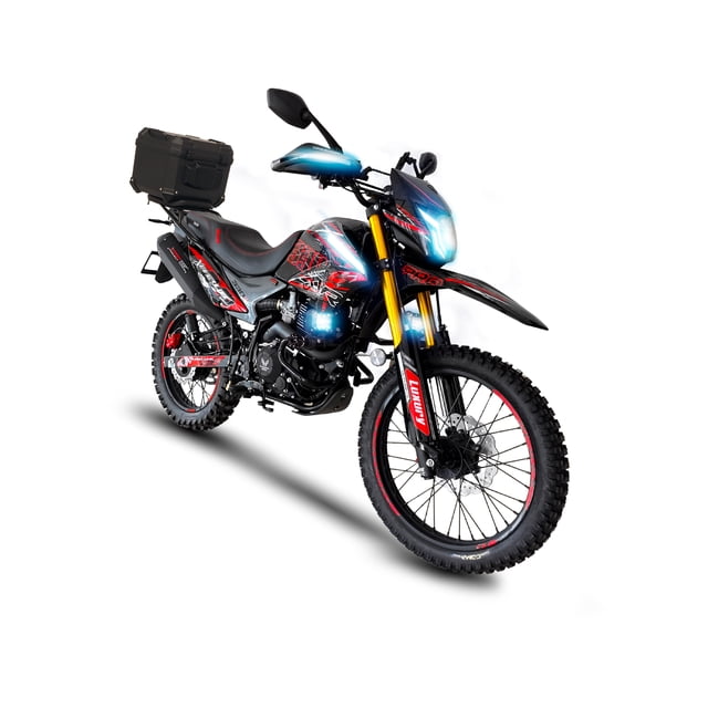 motocicleta veloci xeverus evo pro 330cc negro 2026 3/4 frontal de motocicleta negra con rines deportivos de aluminio y llantas off-road, suspensión delantera dorada, faro LED encendido y escape deportivo; asiento con detalles rojos, espejos de aluminio, portacelular en el manubrio y caja utilitaria trasera con puerto USB. Motor monocilíndrico 4T 22 HP, transmisión manual 5 velocidades y encendido remoto, electrónico y de pedal.