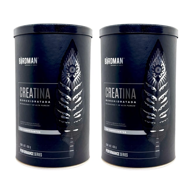 creatina monohidratada pura 2 botes de 450g 180 serv birdman — Dos botes negros, vista frontal centrada; latas cilíndricas con logo Birdman, texto grande “CREATINA MONOHIDRATADA”, mención “SIN SABORIZANTES” y motivo gráfico vertical tipo pluma sobre fondo blanco. Su tamaño las hace adecuadas para almacenamiento de suplementos en despensa o gimnasio.