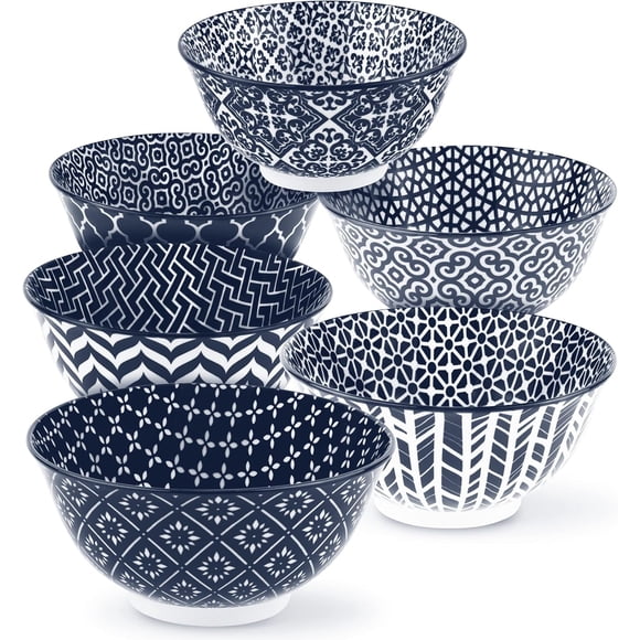 Tazón KooK para Sopa, Cereal y Más, Cerámica, Apto para Microondas, Lavavajillas y Congelador, Vajilla de Porcelana para Sopa, Pasta, Ensalada, Avena, Interior Profundo (Blanco y Azul)