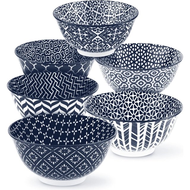 Tazón KooK para Sopa, Cereal y Más, Cerámica, Apto para Microondas, Lavavajillas y Congelador, Vajilla de Porcelana para Sopa, Pasta, Ensalada, Avena, Interior Profundo (Blanco y Azul)