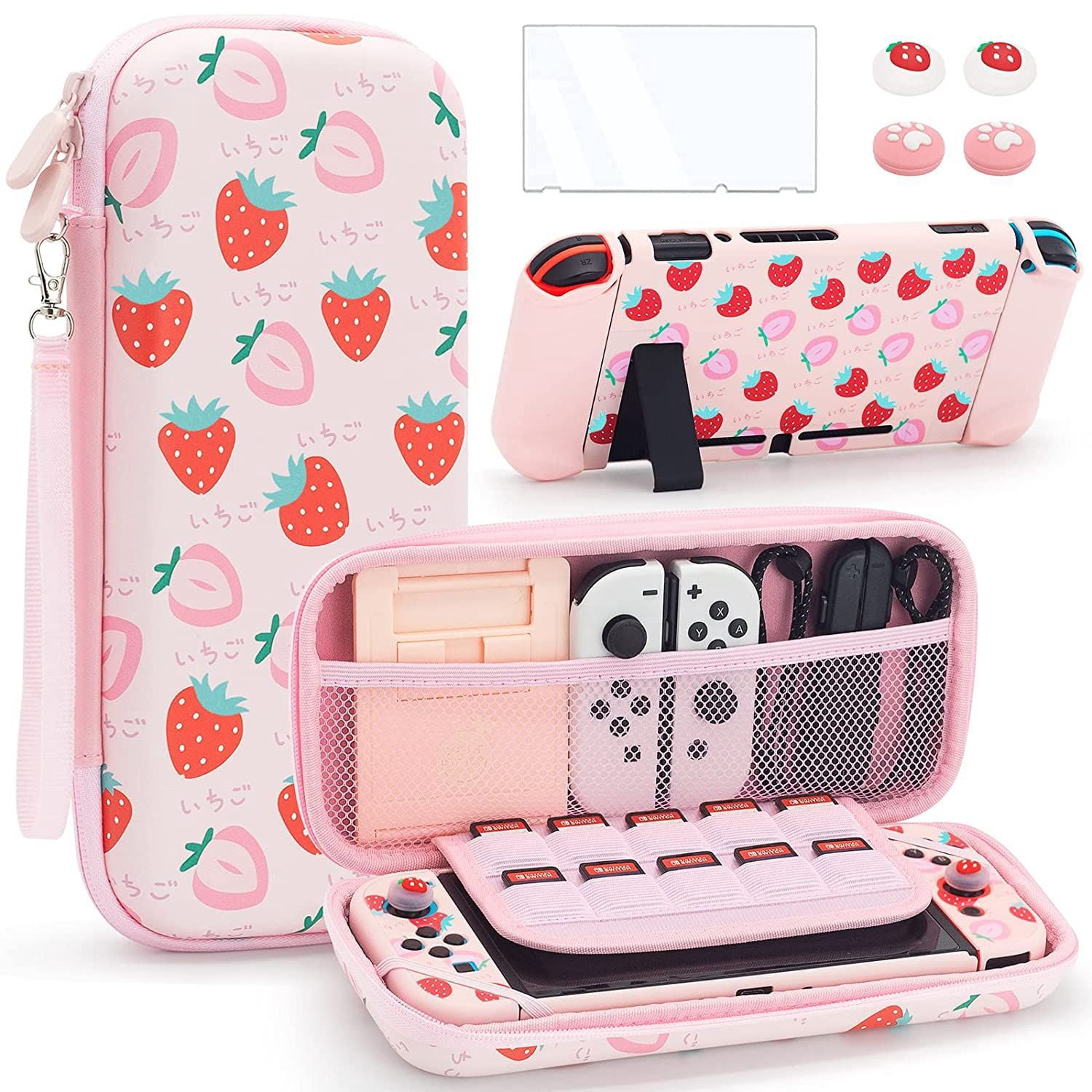 Estuche portátil para Nintendo Switch y Switch OLED – Kit protector con carcasa rígida, mica de pantalla 9H resistente a las huellas, 10 ranuras para tarjetas de juego, cubiertas para joysticks