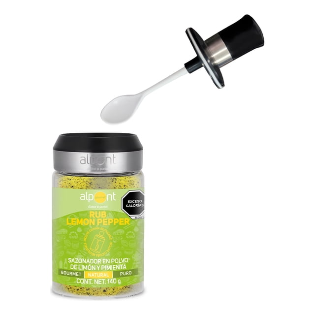 alpont rub lemon pepper sazonador para parrilla 140 g frasco translúcido con tapa plateada y dispensador negro; vista frontal centrada que muestra etiqueta verde con texto 'LEMON PEPPER' y polvo amarillo verdoso; condimento seco para carnes a la parrilla y que suele usarse también para marinar verduras.