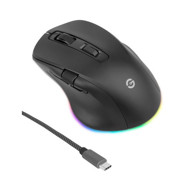 mouse inalambrico getttech ggm-rgbtr-01 triple funcion wifi bluetooth usb 6400dpi bateria recargable, vista 3/4 frontal de mouse negro ergonómico con rueda de desplazamiento, dos botones superiores y rueda lateral de doble función; clicks silenciosos, cable USB-C trenzado visible, base con retroiluminación RGB y logo Getttech. Conexión 2.4G, Bluetooth o por cable (1000Hz) y DPI ajustable hasta 6400; suele usarse también como mouse portátil para trabajo remoto y gaming ligero.