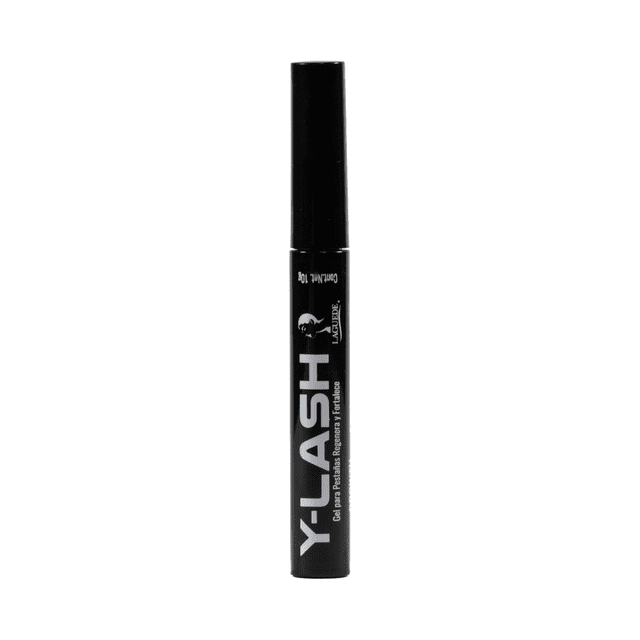 gel para crecimiento de pestañas y cejas laguede tratamiento natural pestañas y cejas Frasco negro cilíndrico, vista frontal centrada con etiqueta vertical 'Y-LASH' y logo LAGUEDE, tapa alta y cuerpo de 10 g; gel transparente que estimula el crecimiento y fortalece pestañas y cejas según especificaciones, a menudo usado también para definir y acondicionar pestañas entre aplicaciones.