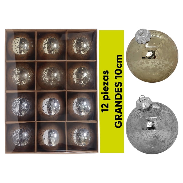 esferas navideñas grandes 10cm artego paquete 12 piezas acabado gotas cromadas mix platino dorado — Caja con 12 esferas grandes de 10 cm (6 platino, 6 doradas) con acabado cromado tipo gotas, superficie moteada y colgador incluido, mostradas en rejilla y dos esferas aisladas para detalle.