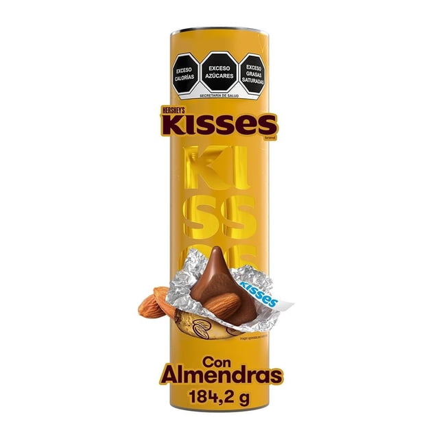 chocolate con leche hershey's kisses sabor almendra 184.2 g Tubo vertical amarillo con logotipo Kisses en marrón, vista frontal centrada sobre fondo blanco; primer plano de un Kisses parcialmente envuelto en papel plateado junto a almendras enteras y texto frontal "Con Almendras 184,2 g" legible.