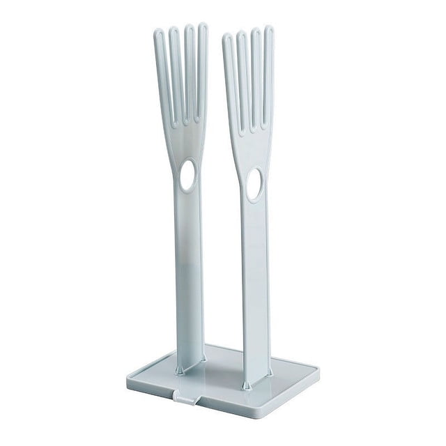 multifunctional removable glove drying rack Azul by LADIGASU dos soportes verticales en forma de dedos sobre una bandeja colectora con canal de drenaje en la base y huecos ovalados en los tallos para circulación de aire; apto para secar guantes, paños y otros accesorios en cocina, comedor o cuarto de lavado; también suele usarse para dejar artículos pequeños a secar.