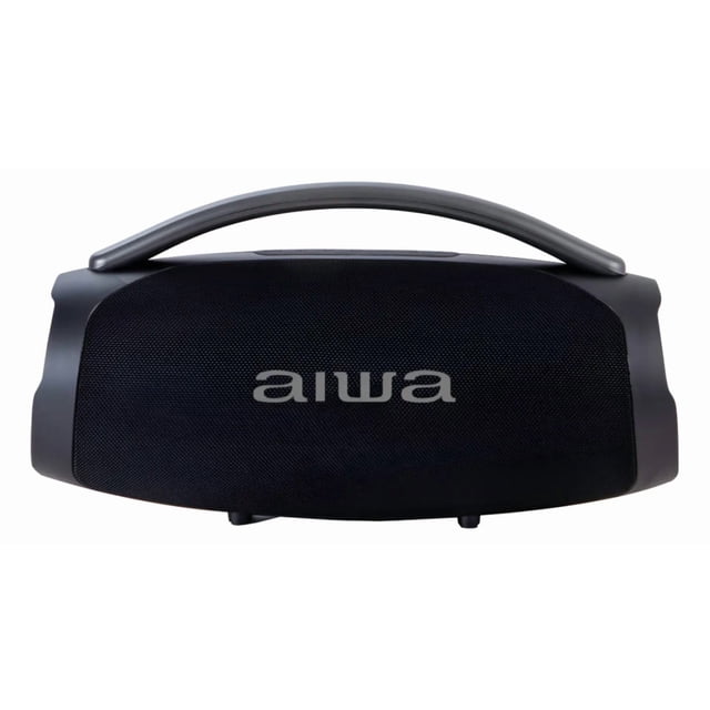 bocina bluetooth boombox aiwa 70w funcion tws aw-b403 negro negro vista frontal centrada de la bocina portátil Aiwa AW-B403 en negro con rejilla texturizada y logo 'aiwa' en el centro, asa superior curva integrada, patas de apoyo inferiores y controles superiores apenas visibles; Bluetooth y entrada USB, dimensiones 37 x 14 x 18 cm y 3 kg, autonomía de 4 horas; también suele usarse como altavoz portátil para reuniones y entretenimiento en interiores.
