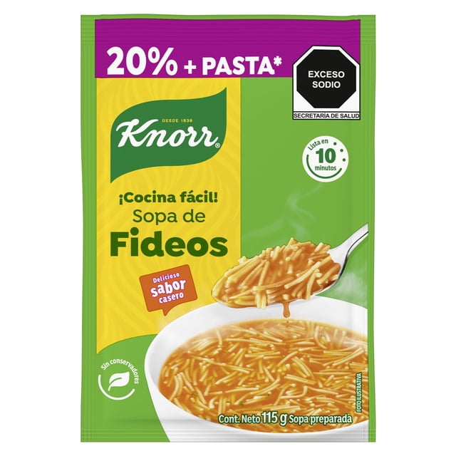 sopa de fideo knorr 115 g paquete frontal con logo Knorr, banda "20% + PASTA" arriba y aviso "Exceso Sodio"; ilustración de tazón blanco con sopa de fideos y cuchara, marca "Listo en 10 minutos" y texto de contenido neto 115 g.