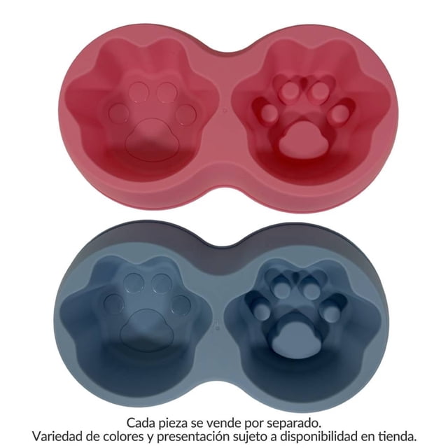 tazón para mascota prichos varios modelos 1 pieza tazón doble para perro con dos cuencos con relieve de huella, plástico liso; muestra modelos rosa y azul; práctico para comida y agua, a menudo usado como comedero portátil; se vende por pieza.