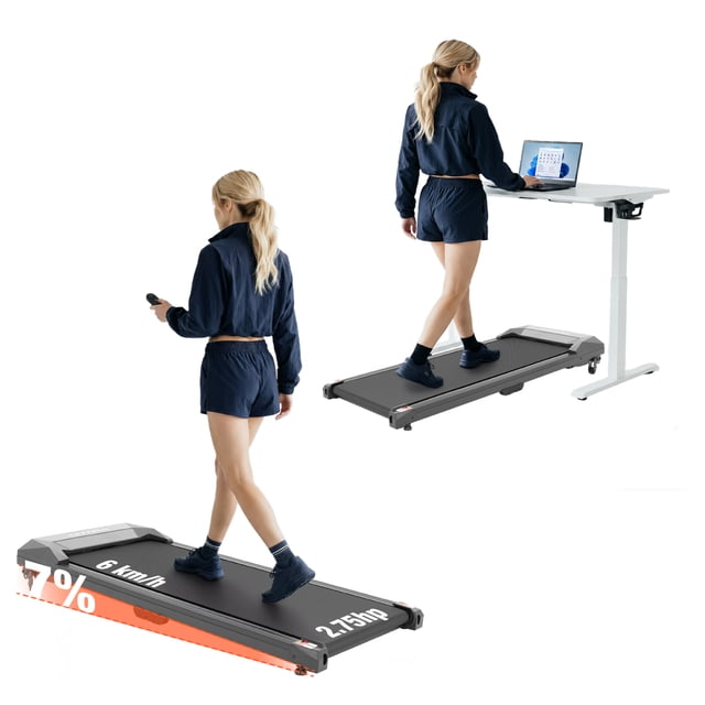 caminadora eléctrica altera cyberpad+ compacta, silenciosa y con bluetooth para casa u oficina — vista 3/4 frontal con banda antideslizante negra 96 x 38 cm; persona caminando con control remoto, pantalla LED frontal mostrando tiempo/velocidad/distancia, motor indicado 2.75 HP y velocidad hasta 6 km/h, estructura baja con ruedas integradas para fácil traslado; también apta para caminatas ligeras mientras trabajas de pie.
