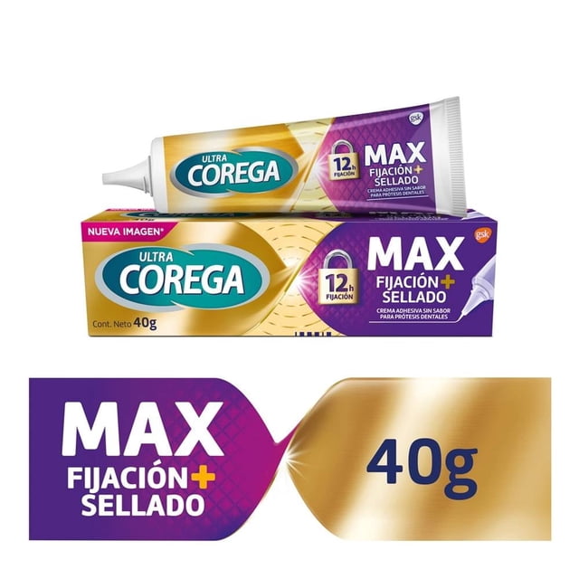 crema adhesiva corega ultra para prótesis dentales sin sabor máximo sellado 40 g Tubo con boquilla y caja frontales, etiqueta dorada, verde y morada con logo Corega, texto "MAX fijación + sellado" y marcador "12 h", peso neto 40 g visible.