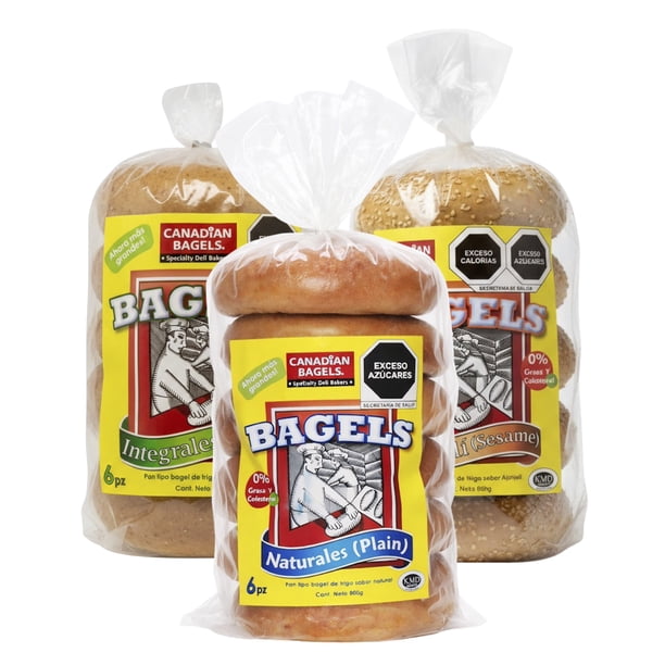 3 Pack Canadian Bagels Surtidos 6pz 800gr cada uno, Natural, Integral y Ajonjolí | Pan Artesanal, Suave y Esponjoso | Ideales para el Desayuno