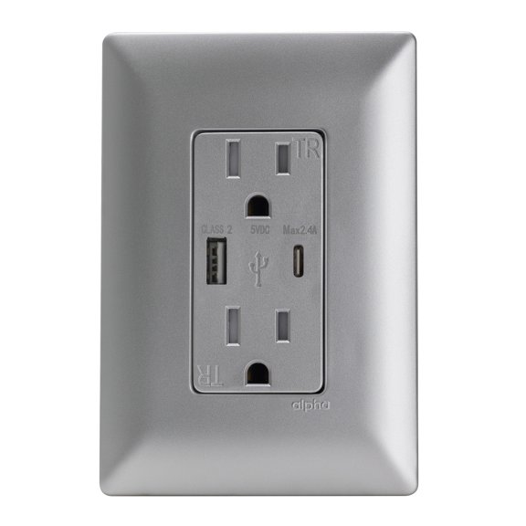Estevez Contacto Dúplex USB A+C con Placa, Plateado, Nuevo