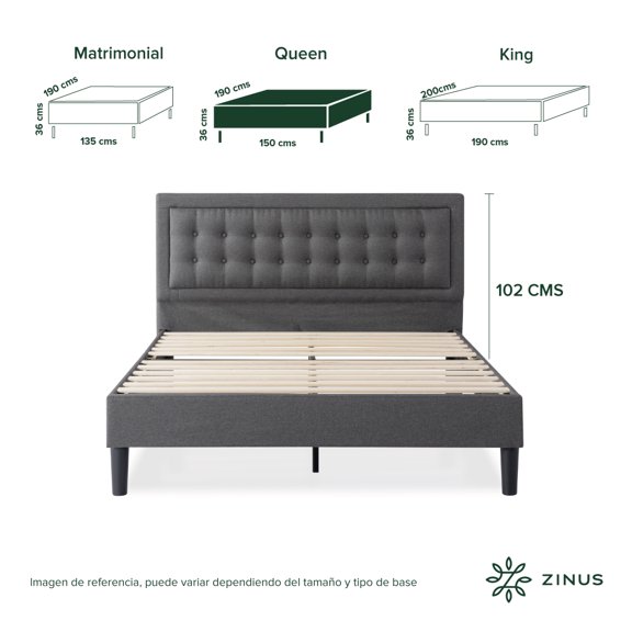 Base de Cama con Cabecera Queen Size Zinus Dachelle Tapizada Con Botones Gris Oscuro. Fácil Armado, para Todas las Edades.