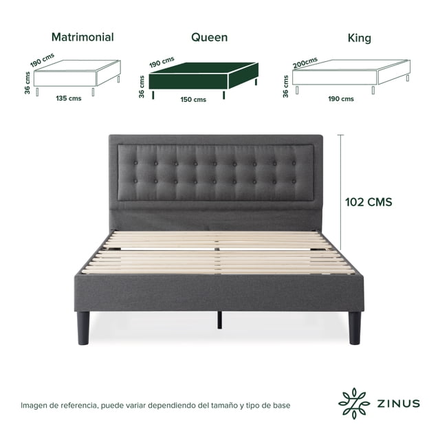 base de cama con cabecera queen size zinus dachelle tapizada con botones gris oscuro. Vista frontal centrada de la base queen (150 x 190 cm) con cabecera de 102 cm tapizada en tela gris oscuro y botones en patrón rectangular; estructura de acero tapizada, listones de madera visibles que eliminan la necesidad de somier y patas cilíndricas negras. Montaje fácil con piezas y herramientas incluidas; soporta hasta 315 kg. También suele usarse como base estable para camas de invitados o habitaciones multifunción.