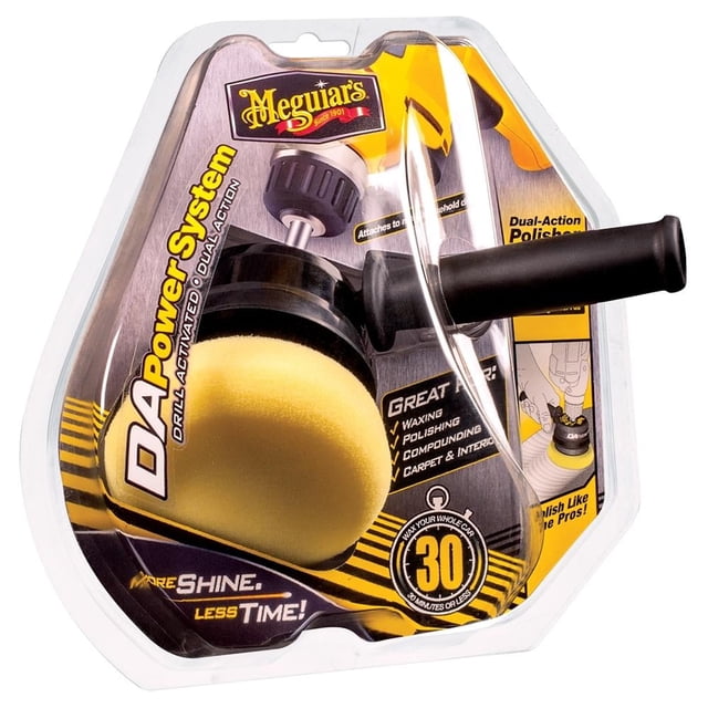 sistema pulidor meguiars para taladro Negro Meguiar's Power DA diseñado para taladros 3/8–1/2 pulg (1,500–2,500 RPM); vista frontal del adaptador con almohadilla de espuma amarilla y mango lateral en empaque plástico con gráficos que indican 30 min, para pulir, abrillantar y encerar; suele usarse también para detalles rápidos en vehículos.