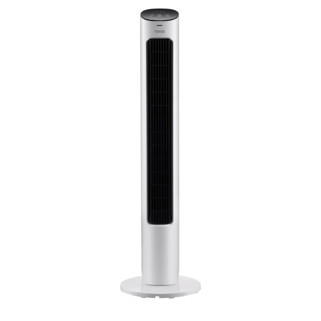 ventilador de torre navia 42” vtn-002 torre blanca de 104 cm con rejilla vertical negra, base circular y panel superior con controles táctiles y logo Navia; tres velocidades y control remoto según especificaciones; apto para mejorar la circulación de aire en habitaciones y oficinas.