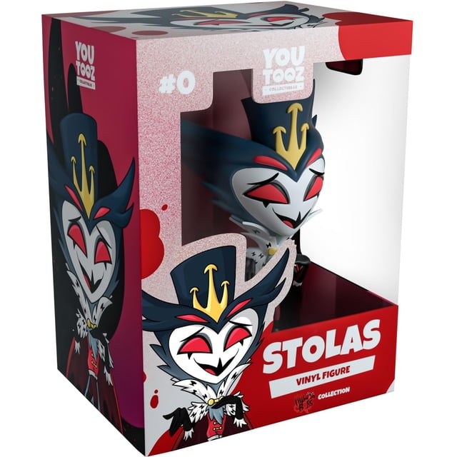 figura de vinilo youtooz stolas 4.6 helluva boss coleccionable — caja con ventana frontal que muestra la figura coleccionable de 4.6 pulgadas: Stolas con rostro blanco, ojos rojos, pico corto, grueso plumaje oscuro que enmarca la cara y sombrero de copa azul oscuro con corona dorada; embalaje rojo y granate con ilustración y logotipo Helluva Boss.