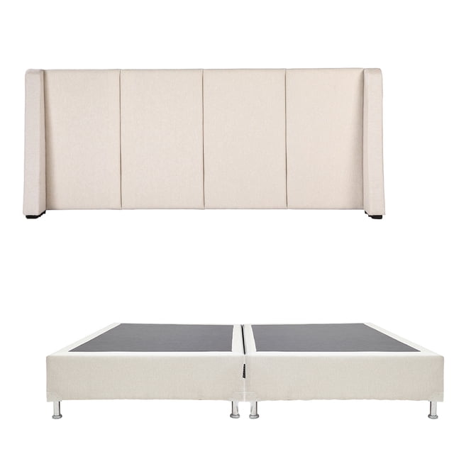 box king size + cabecera milan dicasa dolum Beige Claro, vista frontal: cabecera Milan tapizada en tela tejido plano beige claro con cinco paneles verticales y laterales acolchados; base box king compuesta por dos boxes individuales tapizados a juego, altura aproximada 30 cm con seis patas metálicas desmontables y esquineros plásticos visibles. También suele usarse la base box como soporte estable para somier o colchón doble en habitaciones principales.