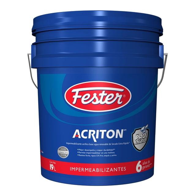impermeabilizante acrílico base agua renovable de secado extra rápido fester acriton proshield 6 años 19 l rojo cubeta azul frontal de 19 L con logo Fester, texto Acriton y escudo Proshield en la etiqueta; etiqueta indica color rojo y 6 años, tapa con asa metálica visible; suele usarse también para impermeabilizar pequeñas terrazas o reparaciones rápidas en una mañana.