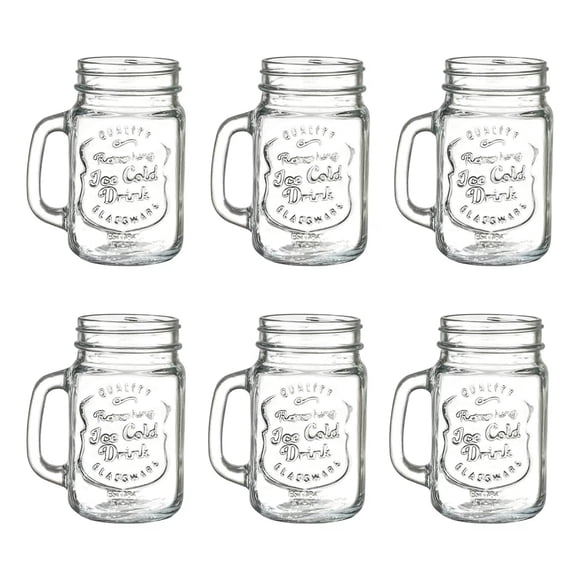 Juego de 6 Tarros Frascos estilo Mason Jar Vintage Vidrio Labrado 480 Ml Color Transparente Sin tapa para Bebidas y Jugos