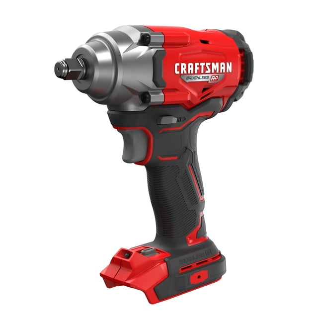 llave de impacto inalámbrica craftsman v20 cmcf921b 275 pies-libras 3/4 frontal, herramienta desnuda roja y negra, 1/2 pulgada con empuñadura texturizada, cabeza metálica y yunque de anillo para cambios de enchufe, motor sin escobillas indicado en la carcasa, base para batería V20 (sin batería) y luz de trabajo LED visible; suele usarse también para aflojar tuercas de autos y mantenimiento en garaje.