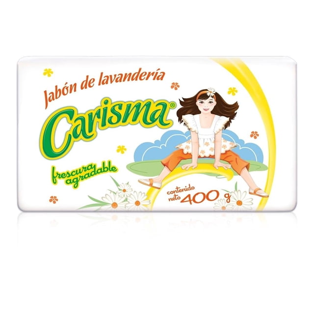 jabón de lavandería carisma en barra frescura perdurable 400 g paquete rectangular con logo Carisma en verde y amarillo, ilustración central de niña sentada sobre toalla con flores y arco amarillo de fondo, texto "frescura agradable" y "contenido neto 400 g", indicado para eliminación de manchas y cuidado de la ropa.