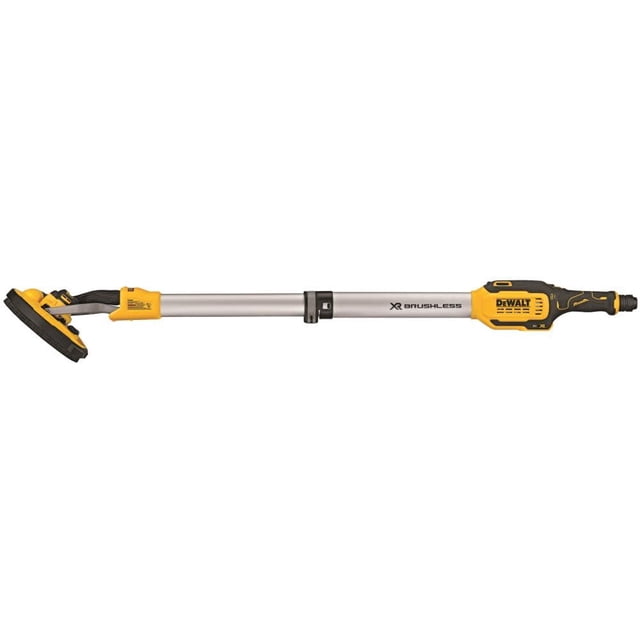 lijadora inalámbrica para paneles de yeso dewalt 20v max dce800b solo herramienta, vista lateral con eje telescópico; cuerpo amarillo y negro DEWALT con motor sin escobillas indicado en el eje, mango posterior con dial de velocidad variable y control inalámbrico, cabeza articulada con base rectangular y conexión AirLock para extractor de polvo; también suele usarse para alisar estuco en altura.