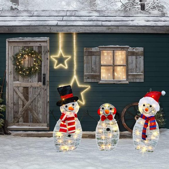 Muñeco de nieve navideño que brilla en la oscuridad, decoración familiar para exteriores | Juego de 3 muñecos de nieve iluminados para patio, jardín y porche