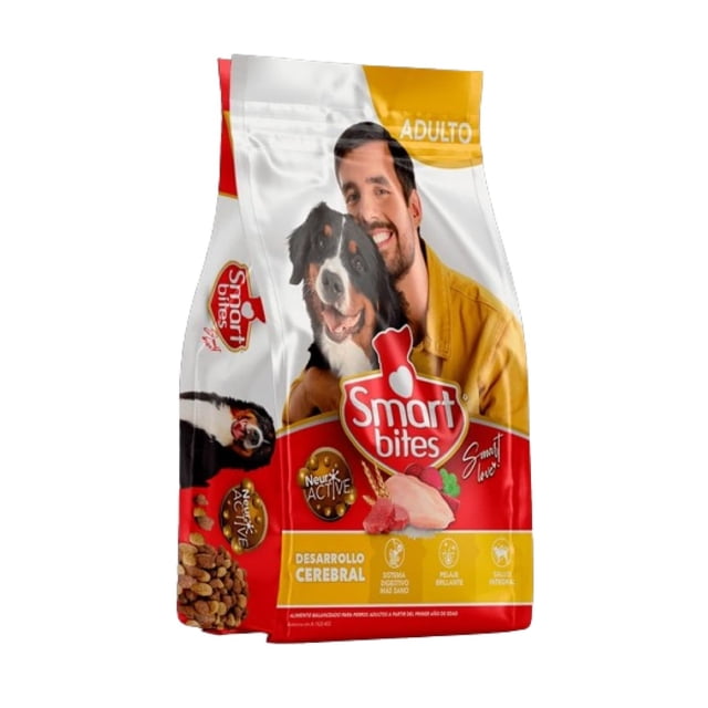 alimento para perro adulto smart bites mediano/grande 4kg bolsa frontal con logo Smart Bites y etiqueta 'Adulto', alimento seco balanceado con sello NeuroACTIVE®, imagen de perro grande y croquetas visibles sobre fondo blanco con franjas rojas y amarillas; a menudo usado para rellenar dispensadores de comida seca durante viajes.