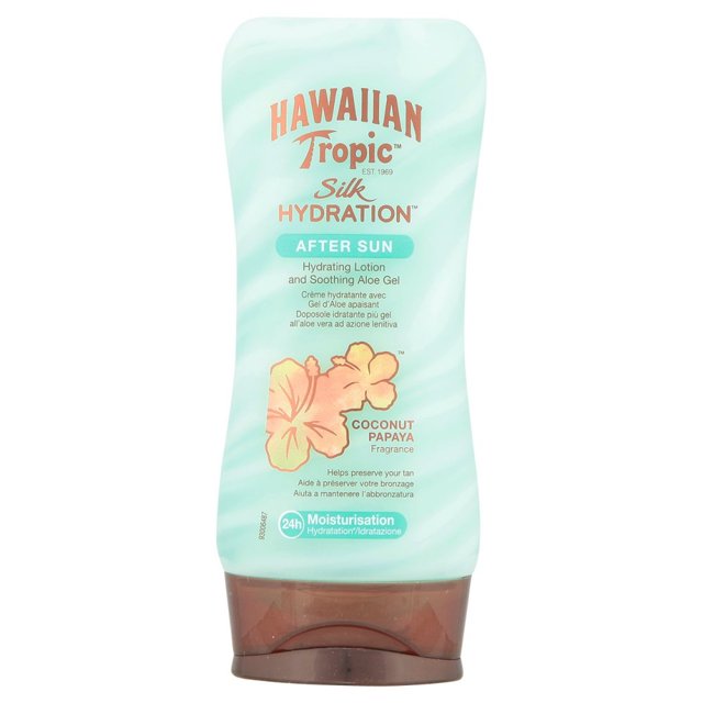 loción hidratante post solar hawaiian tropic silk hydration 180ml botella frontal con fondo verde menta ondulado, tapa marrón tipo flip-top, logo naranja, etiquetas 'Silk Hydration' y 'After Sun', fragancia coconut papaya y flor de hibisco ilustrada; también suele usarse para hidratar la piel después de bronceados leves.