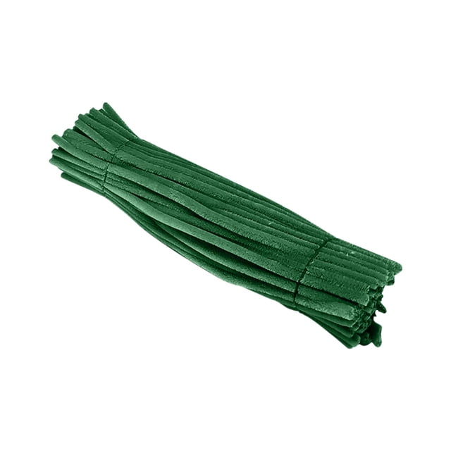 juego de 100 limpiapipas de colores caramelo para manualidades y decoraciones paquete de 100 limpiapipas verdes apilados en vista 3/4, varillas flexibles con núcleo metálico recubiertas de felpa, textura afelpada visible sobre fondo blanco; ideales para manualidades, decoración y proyectos DIY.