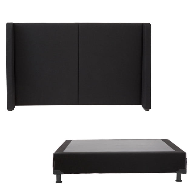 box base cama queen size + cabecera dicasa milan negro Cabecera tapizada en tela importada sobre estructura de madera de pino, diseño recto con faldones laterales; box base queen tapizado en tela importada con estructura de pino reforzada y patas visibles. Estilo minimalista, ideal para personalizar recámara.