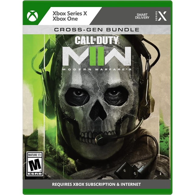 call of duty modern warfare ii.-one portada de caja frontal del juego para Xbox One y Xbox Series X, primer plano centrado de soldado con máscara calavera gris, detalles verdes y auricular táctico, logotipo MWII blanco y verde en la parte superior.