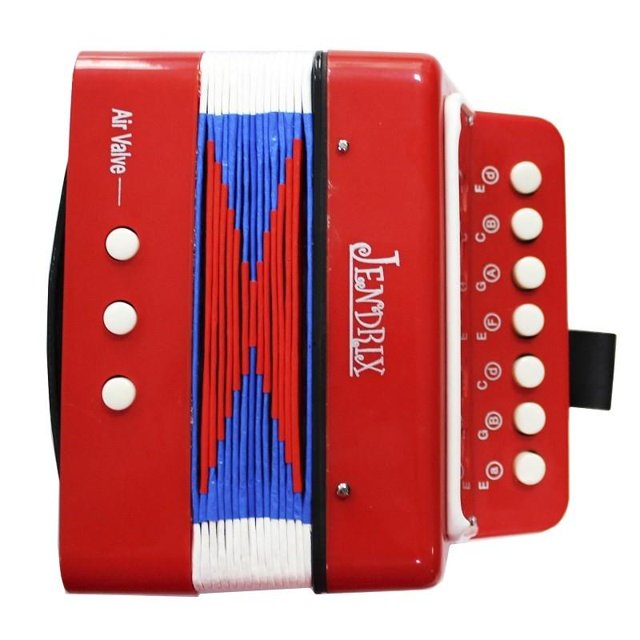acordeon profesional infantil 7 botones 2 bajos Rojo JENDRIX, vista frontal centrada de acordeón infantil rojo con fuelle azul y blanco en patrón geométrico; panel derecho con siete botones blancos y panel izquierdo con tres botones blancos, correa negra y logo JENDRIX en la carcasa; foto sobre fondo blanco; suele usarse para enseñanza musical básica.