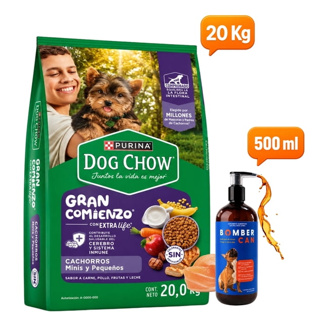 Croquetas Para Perro Dog Chow Cachorro Razas Pequeñas 20 Kg con Bomber can aceite de Salmon 500 ml