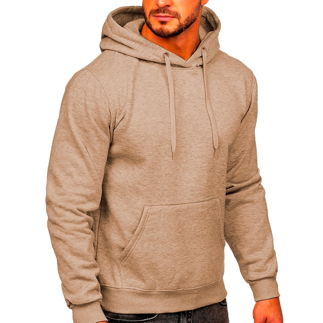 sudadera para hombre shendy vendy con capucha hoodie color Café Claro, vista frontal 3/4 con capucha ajustable y cordón, bolsillo canguro, puños y dobladillo acanalados y tejido cepillado 100% poliéster para tacto suave; suele usarse también como capa cómoda para salidas casuales al aire libre.