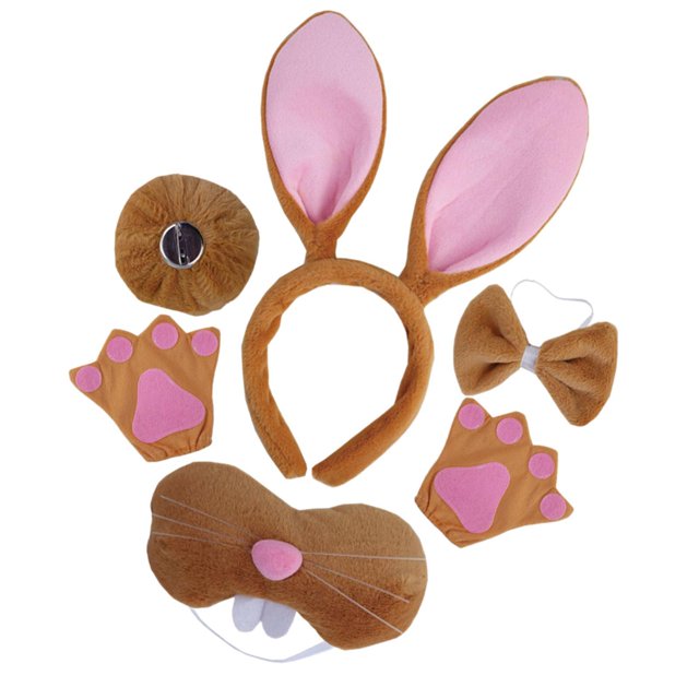 conjunto de disfraz de conejo de pascua, accesorios para sombreros de cosplay para espectáculos de escenario, halloween marrón — vista cenital frontal del set sobre fondo blanco; diadema con orejas largas marrón con forro rosa (23x29 cm), máscara de nariz y boca marrón con bigotes y detalle rosa, par de guantes tipo pata (15x17 cm) con almohadillas rosas, lazo con banda elástica (8x12 cm) y cola redonda marrón (8x8 cm); de tela, pensado para fiestas de disfraces, carnavales y presentaciones en escena; también suele usarse para juegos de rol infantiles.