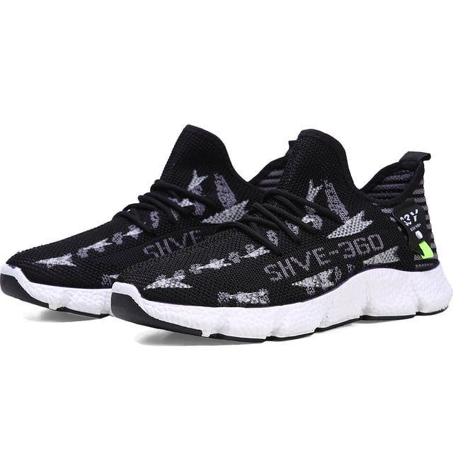 tenis hombre, zapatos hombre deportivos, zapatos de malla transpirable para hombre, zapatillas de deporte casuales de moda para entrenamiento caminar correr gimnasio — par de tenis negros Shendy Vendy en vista 3/4 frontal; empeine de malla negra con gráficos grises tejidos, cordones planos, lengüeta baja integrada y tirador en talón; media suela blanca acolchada y suela exterior negra con patrón de tracción antideslizante visible. Aptos para caminar, correr, gimnasio y uso casual; diseño ligero y transpirable, también adecuados para viajes y fitness.