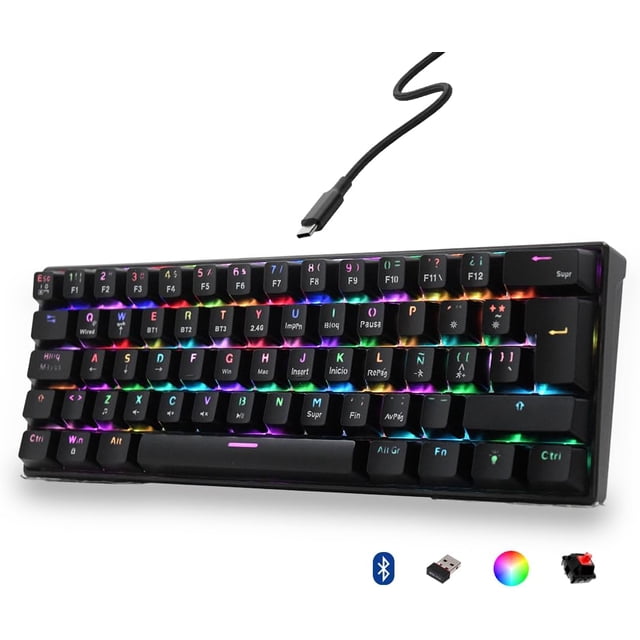 teclado mecánico gamer 60 % inalambrico rgb español mubitech Teclado 60% negro con cable USB‑C visible y opción inalámbrica; layout español con tecla ñ, retroiluminación RGB multicolor activa, perfil compacto y teclas bajas con tecla Fn para funciones, ideal para gaming, streaming y trabajo portátil.