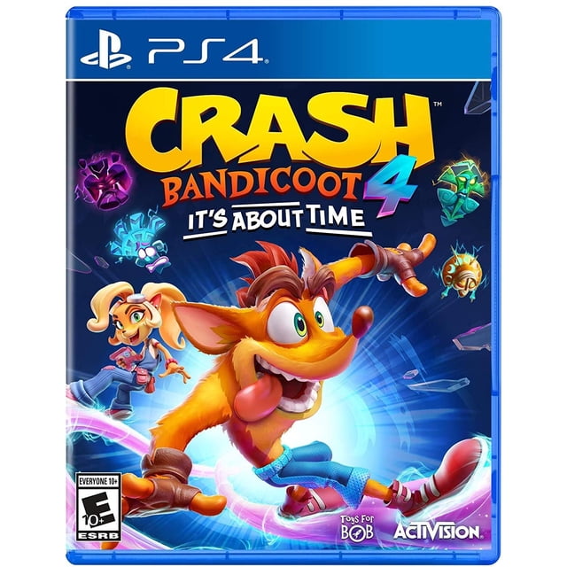 crash bandicoot 4: it’s about time standard edition - playstation 4 playstation 4 game Carátula frontal del juego PS4 con Crash Bandicoot en primer plano corriendo hacia un portal azul brillante, logotipo grande "CRASH BANDICOOT 4" arriba, personaje secundario a la izquierda y emblemas coloridos flotando; aventura de plataformas intensa.