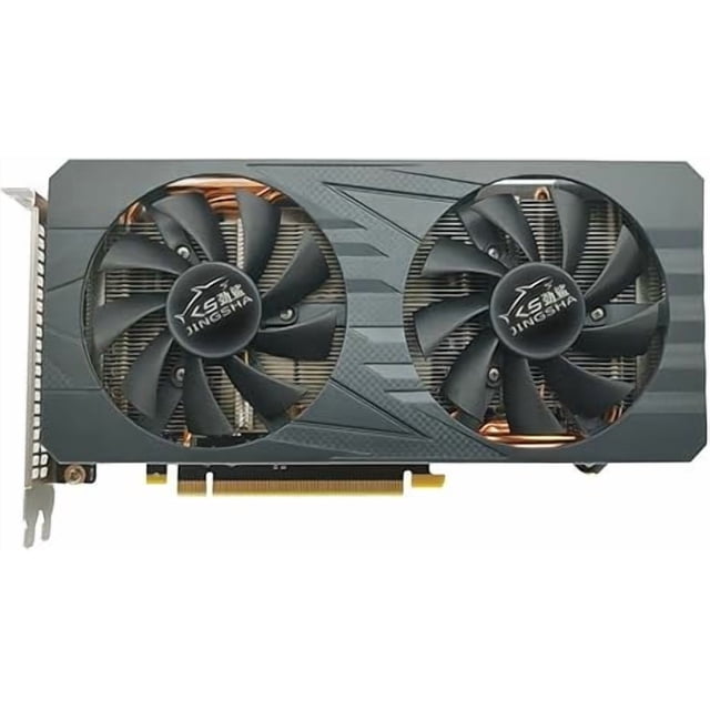 rtx a4000 tarjeta de vídeo 16gb gddr6 256 bit ai professional gpu. Vista frontal centrada de una tarjeta gráfica JingSha con dos ventiladores negros, carcasa gris oscuro con ranuras diagonales, heatpipes de cobre expuestos y conector PCIe x16 visible en la base; a menudo usada también como GPU profesional para estaciones de trabajo y adecuada para pruebas y aceleración de modelos en entornos de desarrollo.