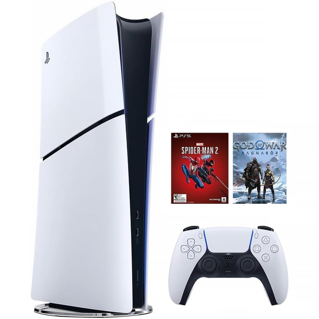 consola ps5 slim playstation 5 digital 1tb bundle spider-man 2 ragnarok internacional consola slim digital blanca 1TB SSD en vista frontal 3/4, control DualSense blanco y negro y carátulas de Spider-Man 2 y God of War Ragnarok; AMD Ryzen Zen 2, GPU RDNA 2 con trazado de rayos y hasta 120 fps en títulos compatibles. No incluye soporte vertical.